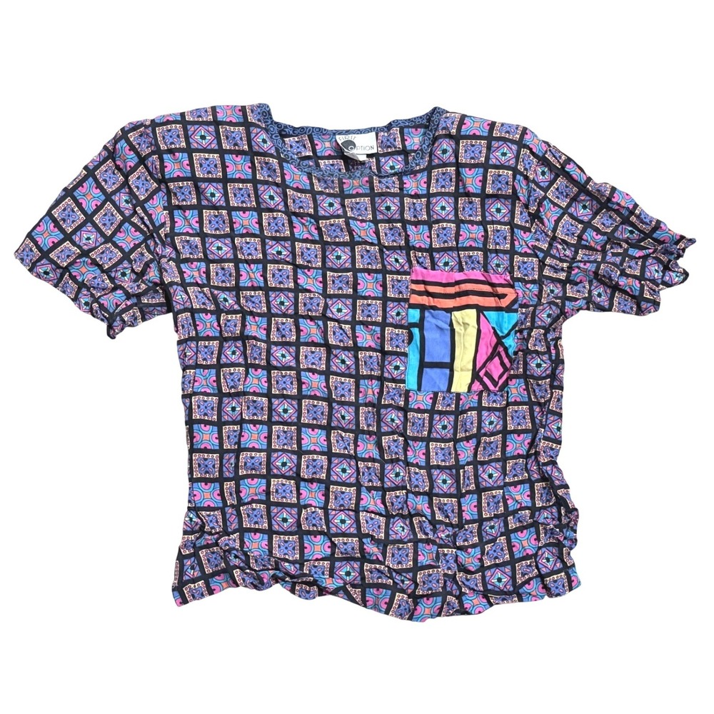 Vintage First Option Geometric Short Sleeve Blouse Multicolor 90s M Medium USA